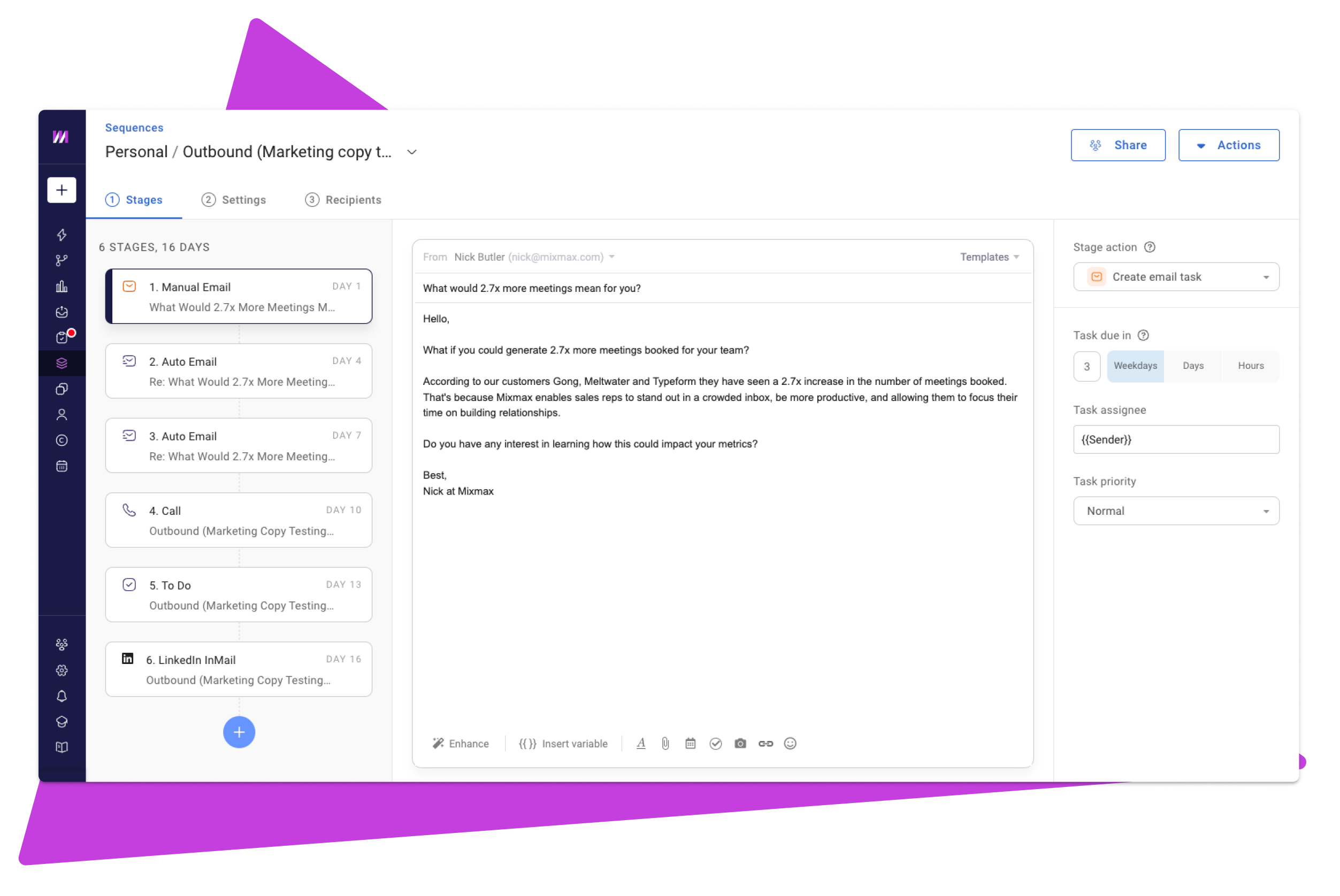 Mixmax dashboard showing email analytics and automation workflows