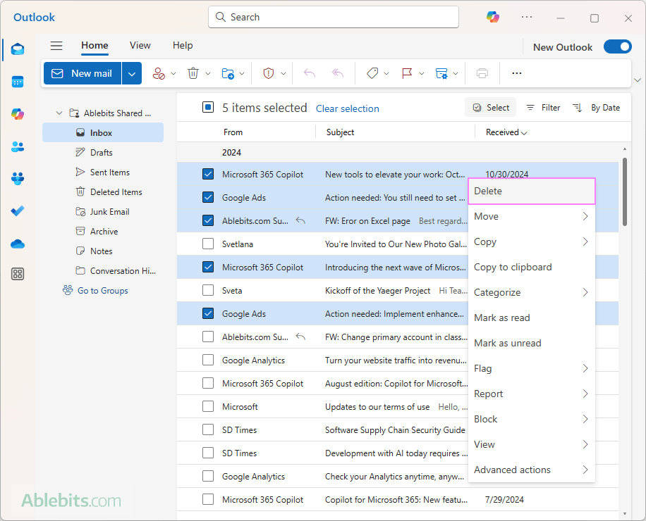 Actions en Masse Outlook