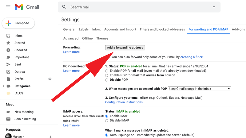 Gmail転送設定画面