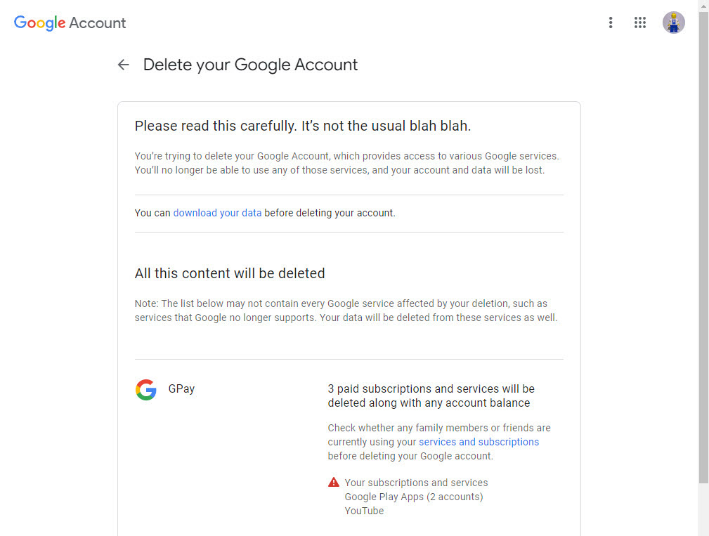 Googleアカウント管理インターフェース
