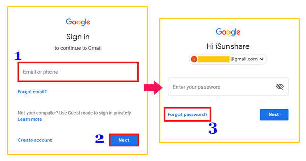 Interface de récupération de mot de passe Gmail