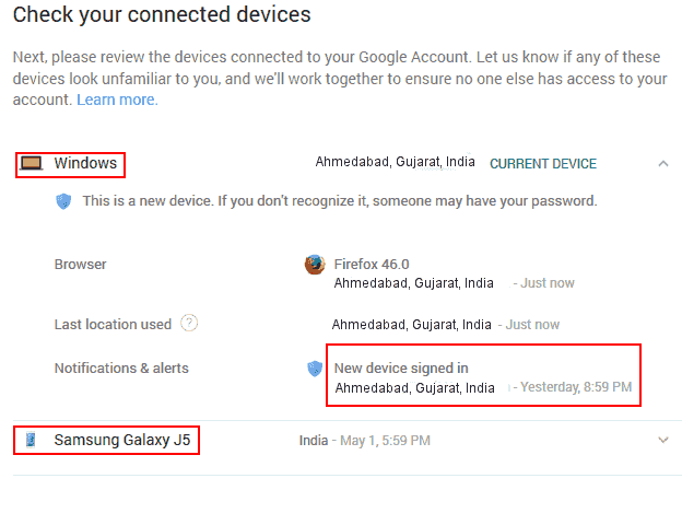 Screenshot of Gmail account activity
