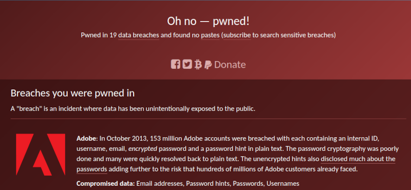 Beispiel von HIBP Breach-Ergebnissen