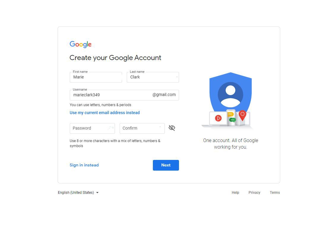 Gmail Account Creation Screen