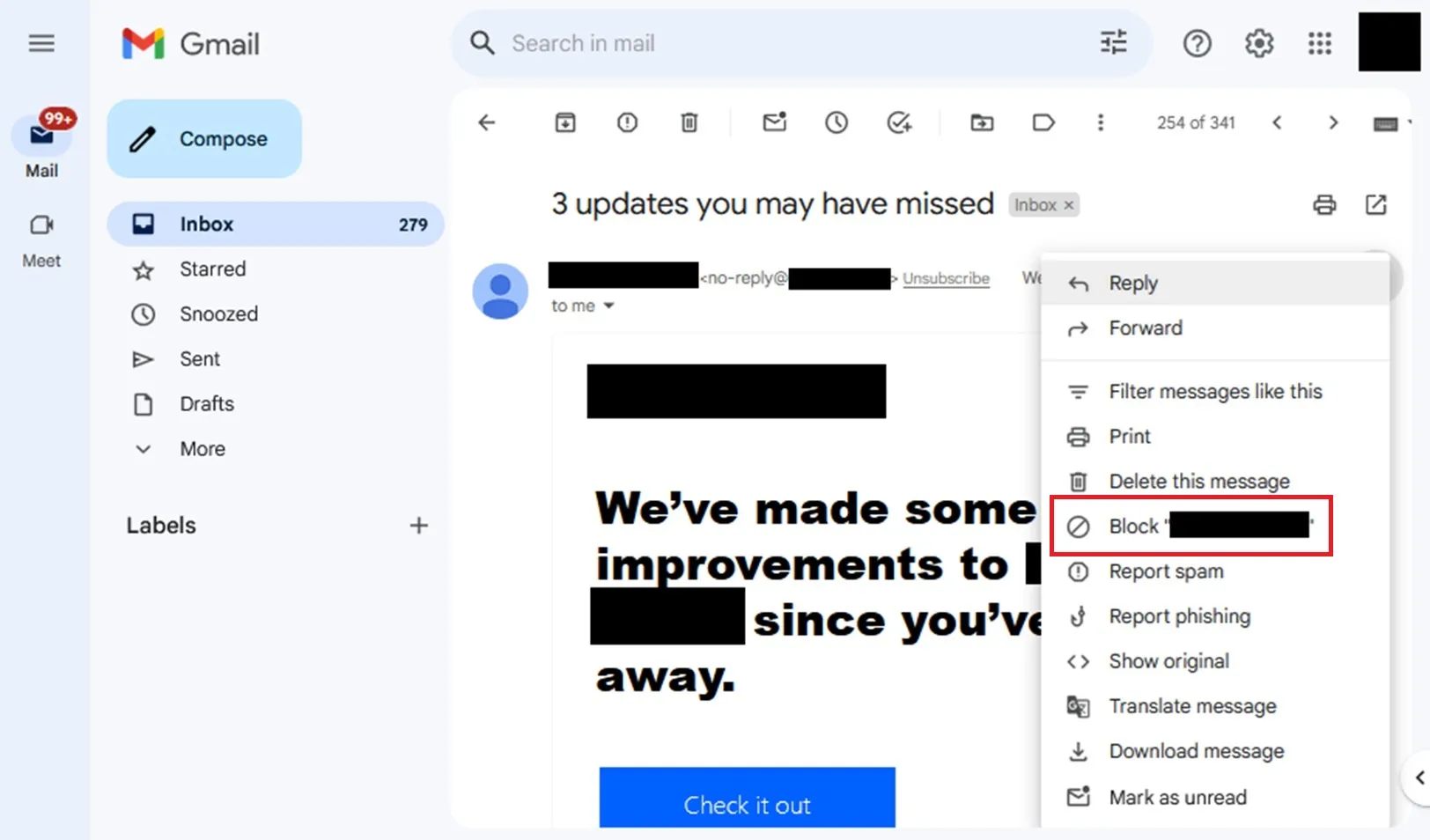 Screenshot showing the block option in Gmail's desktop interface - how to block someone on Gmail