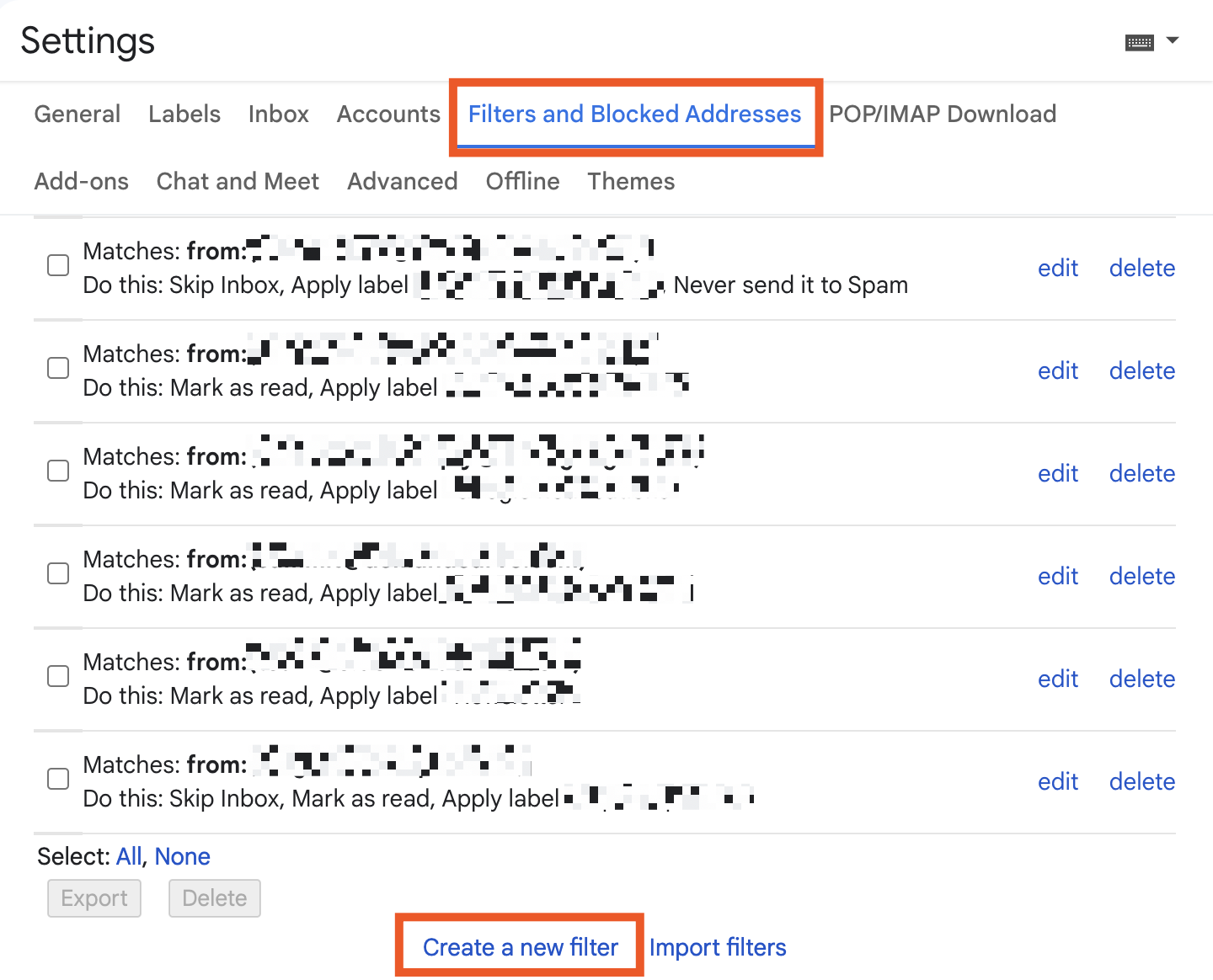 Screenshot showing the filter creation interface - advanced way to block someone on Gmail