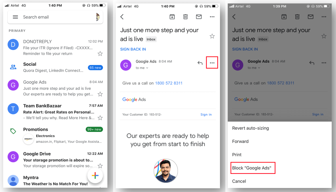 Screenshot showing the block option in Gmail's iOS app - how to block someone on Gmail