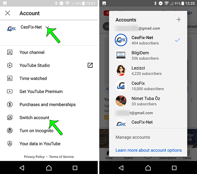 Switch YouTube account