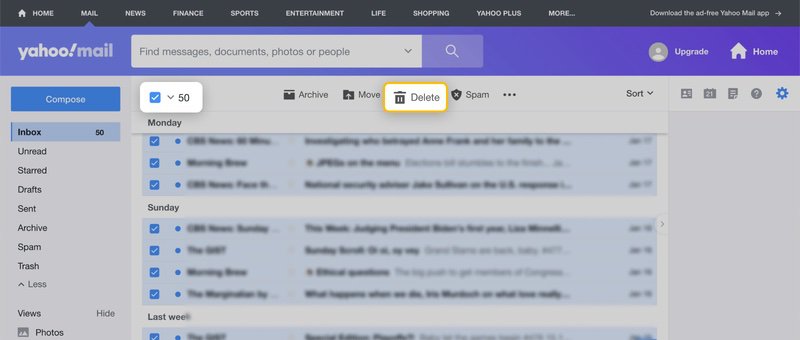 Suppression en masse Yahoo Mail