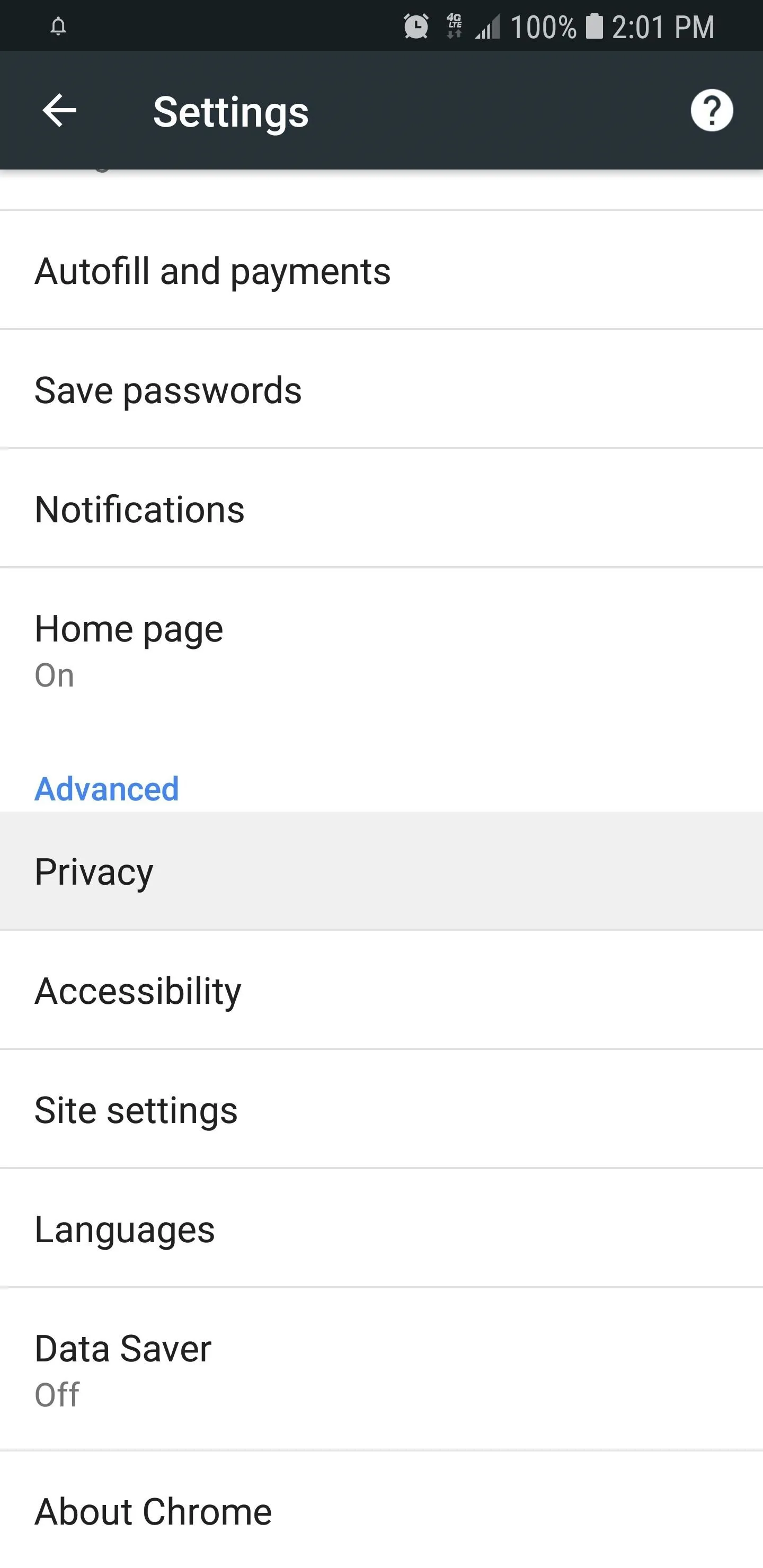 Chrome Android menu showing account settings