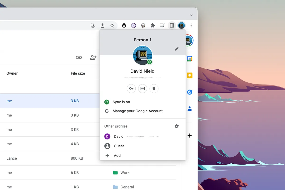 Chrome profile menu showing account options