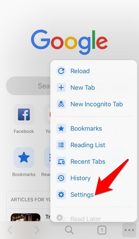 Chrome iOS menu showing account options