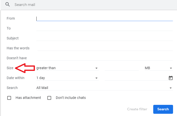 Gmail search bar with larger operator