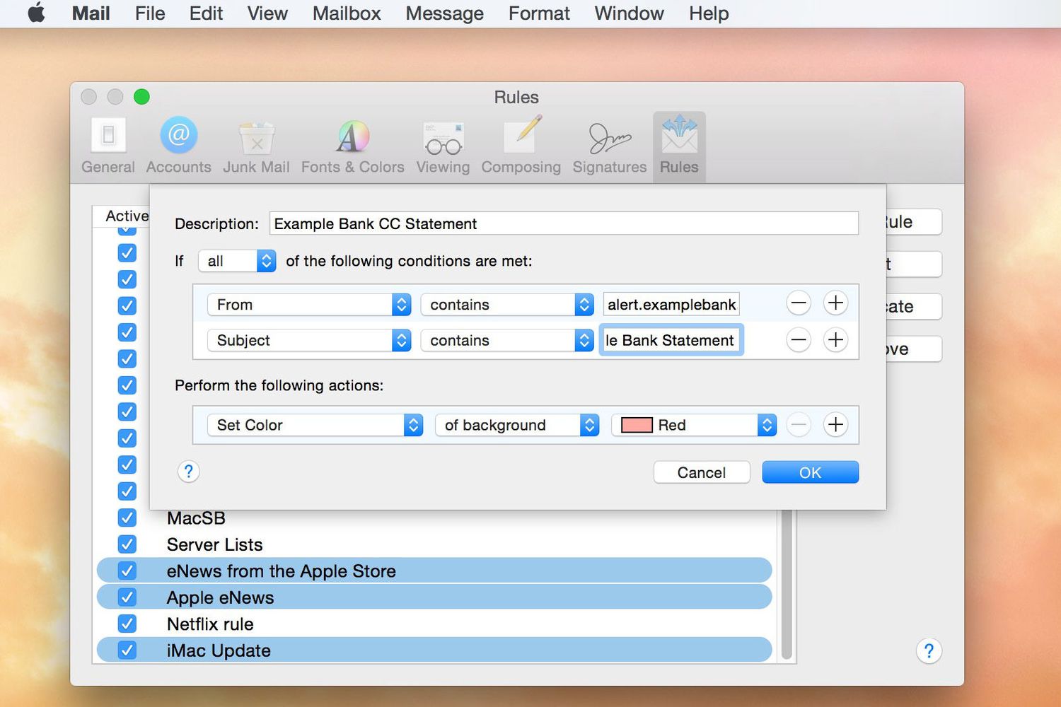 Interface contacts et règles Apple Mail