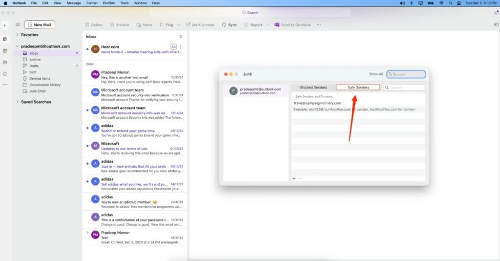 Interface des expéditeurs sûrs Outlook