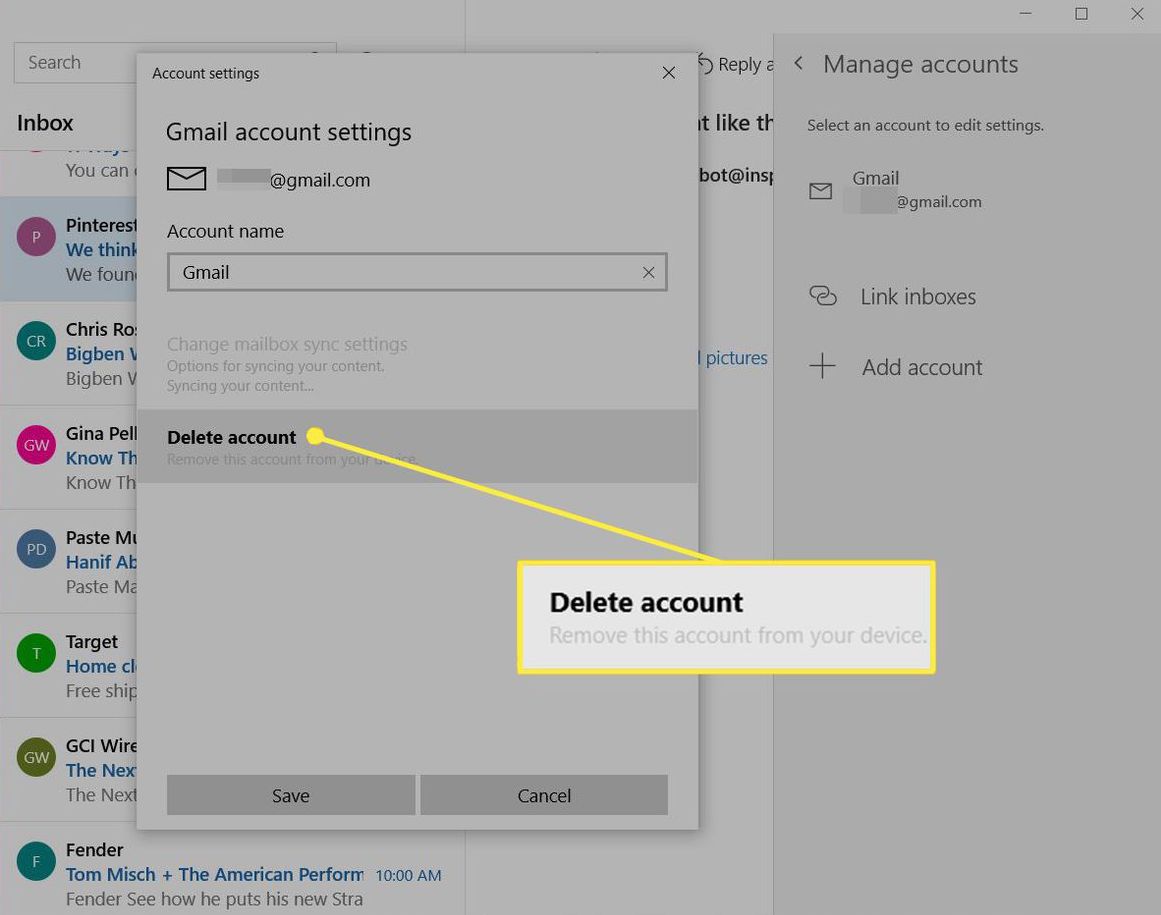 Screenshot of delete account option