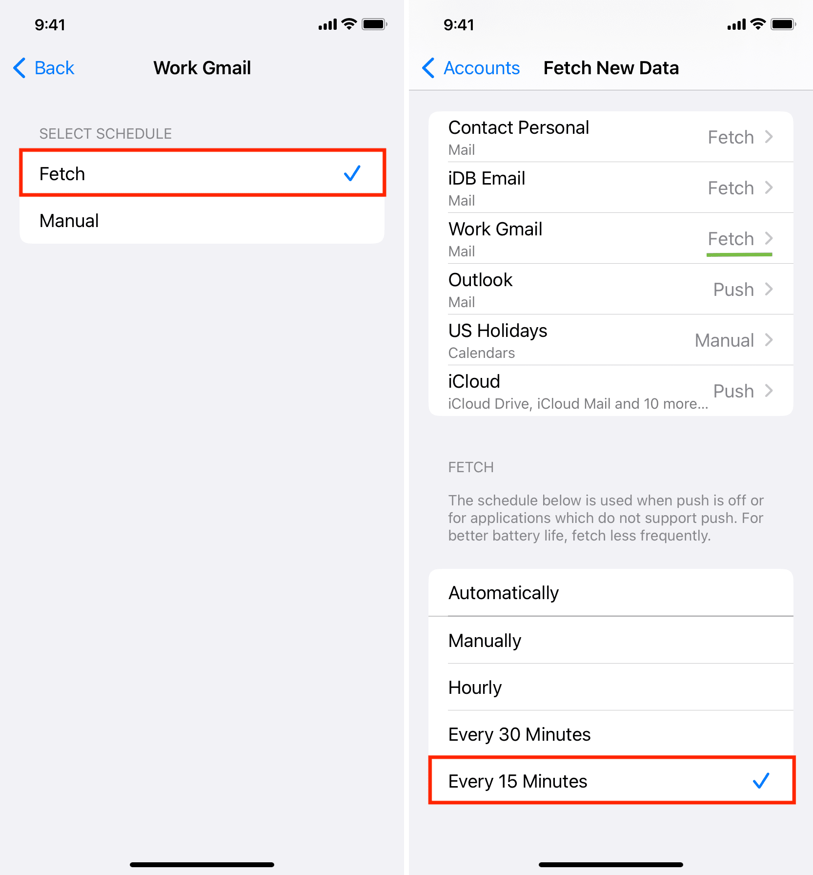 Screenshot of iPhone Mail fetch settings