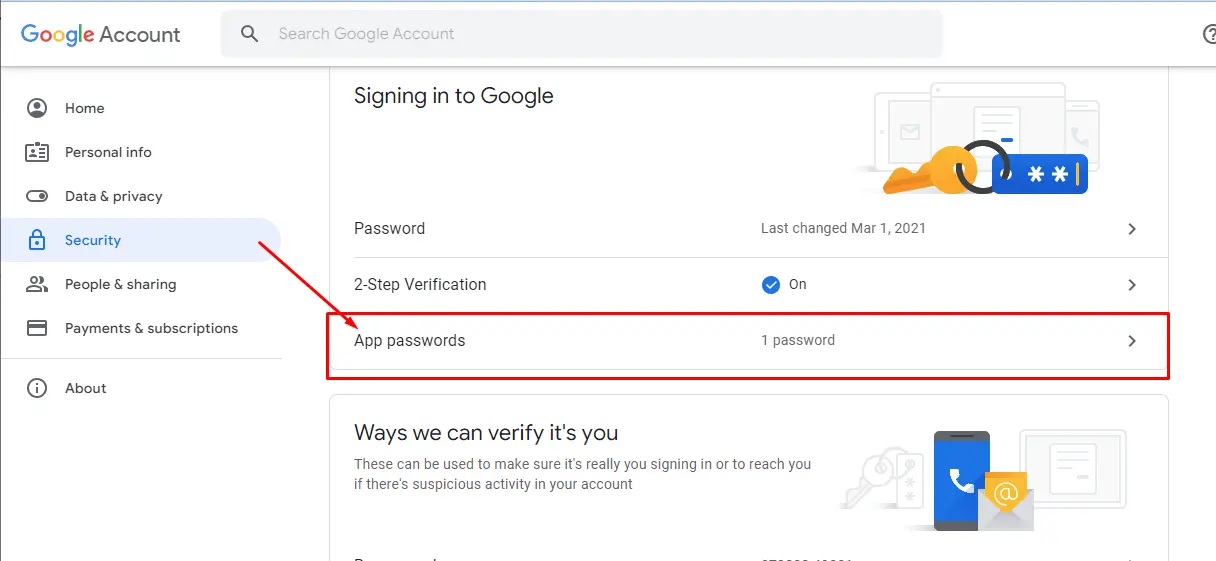 Screenshot of Gmail app-specific password generation