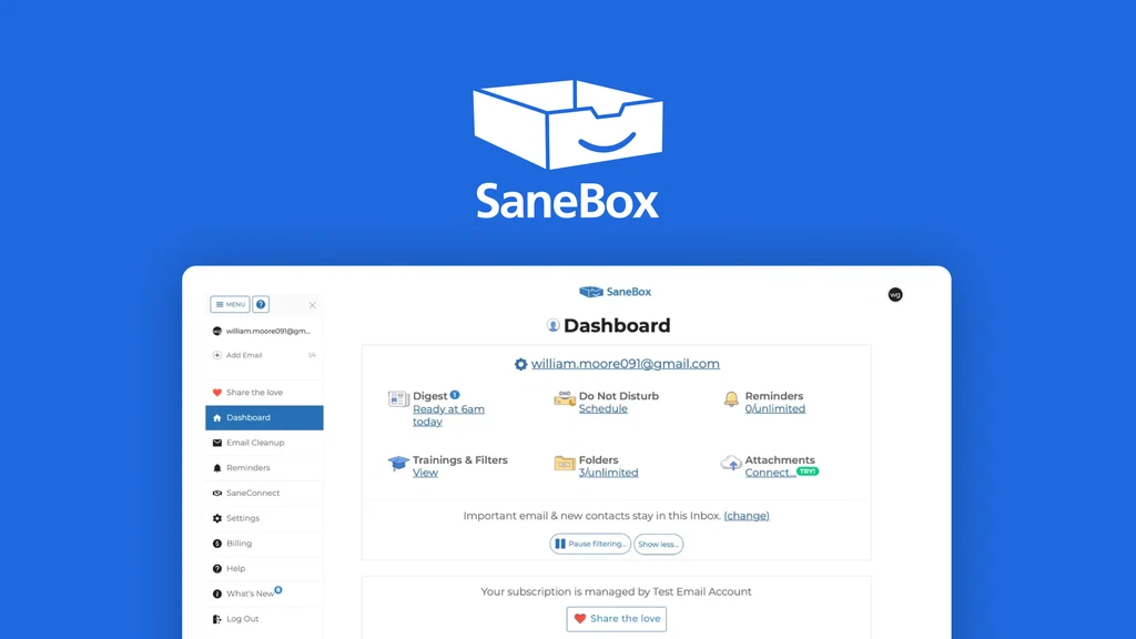 Tableau de bord SaneBox